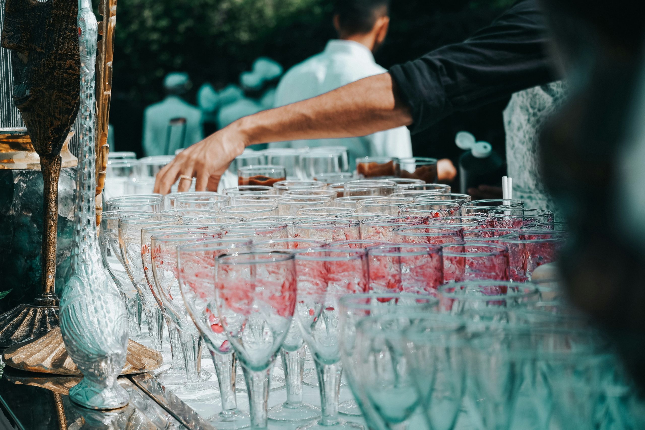 Glassware set up on a bar before an event