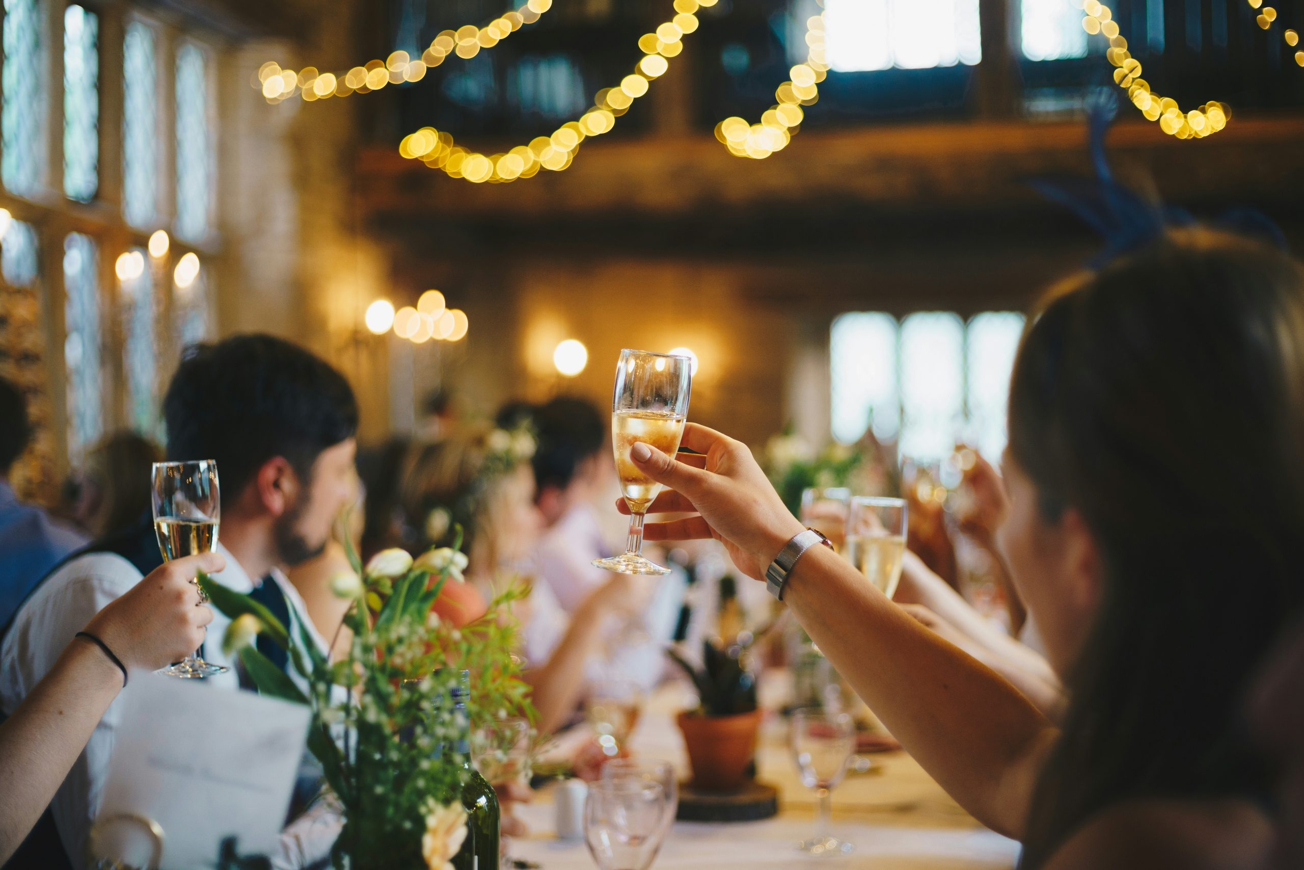 Guests raising a toast at a mountain wedding reception